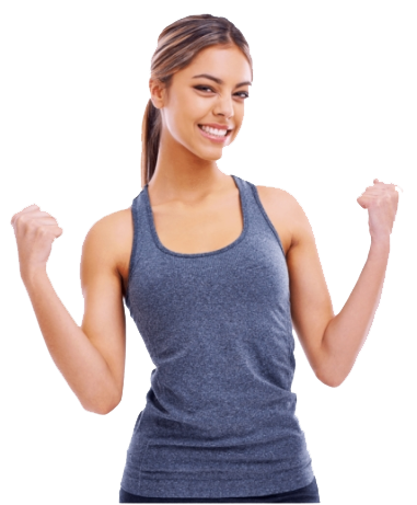 Woman in athletic gear smiling and holding up fists
